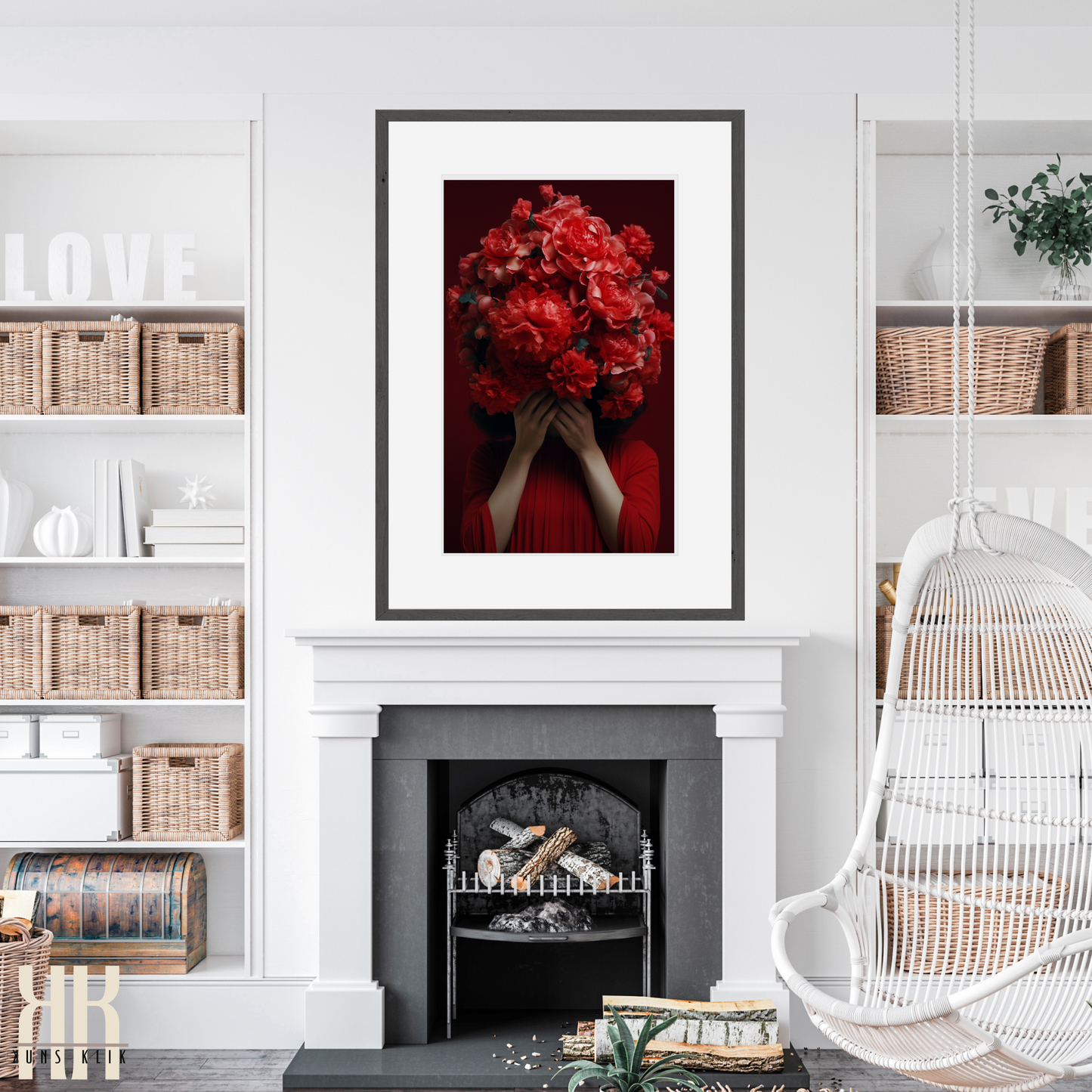 Woman Flower Bouquet Head Feminine Wall Art - Red 10