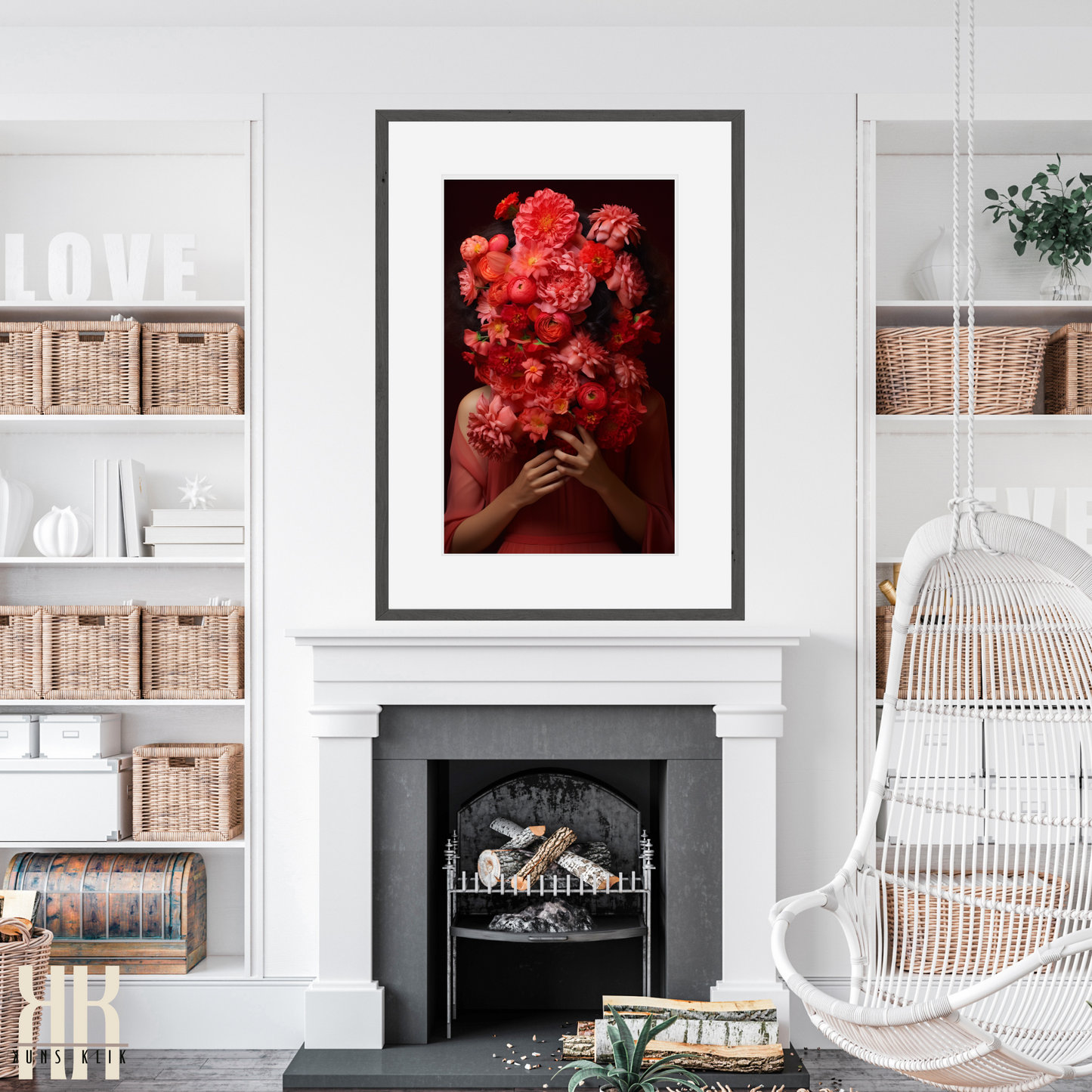 Woman Flower Bouquet Head Feminine Wall Art - Red 3