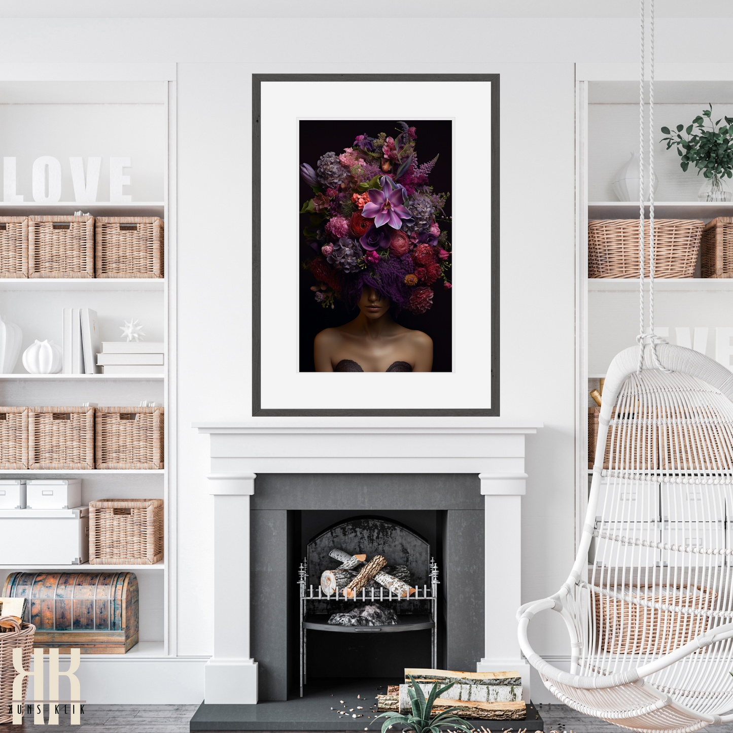 Woman Flower Bouquet Head Feminine Wall Art - Purple 10