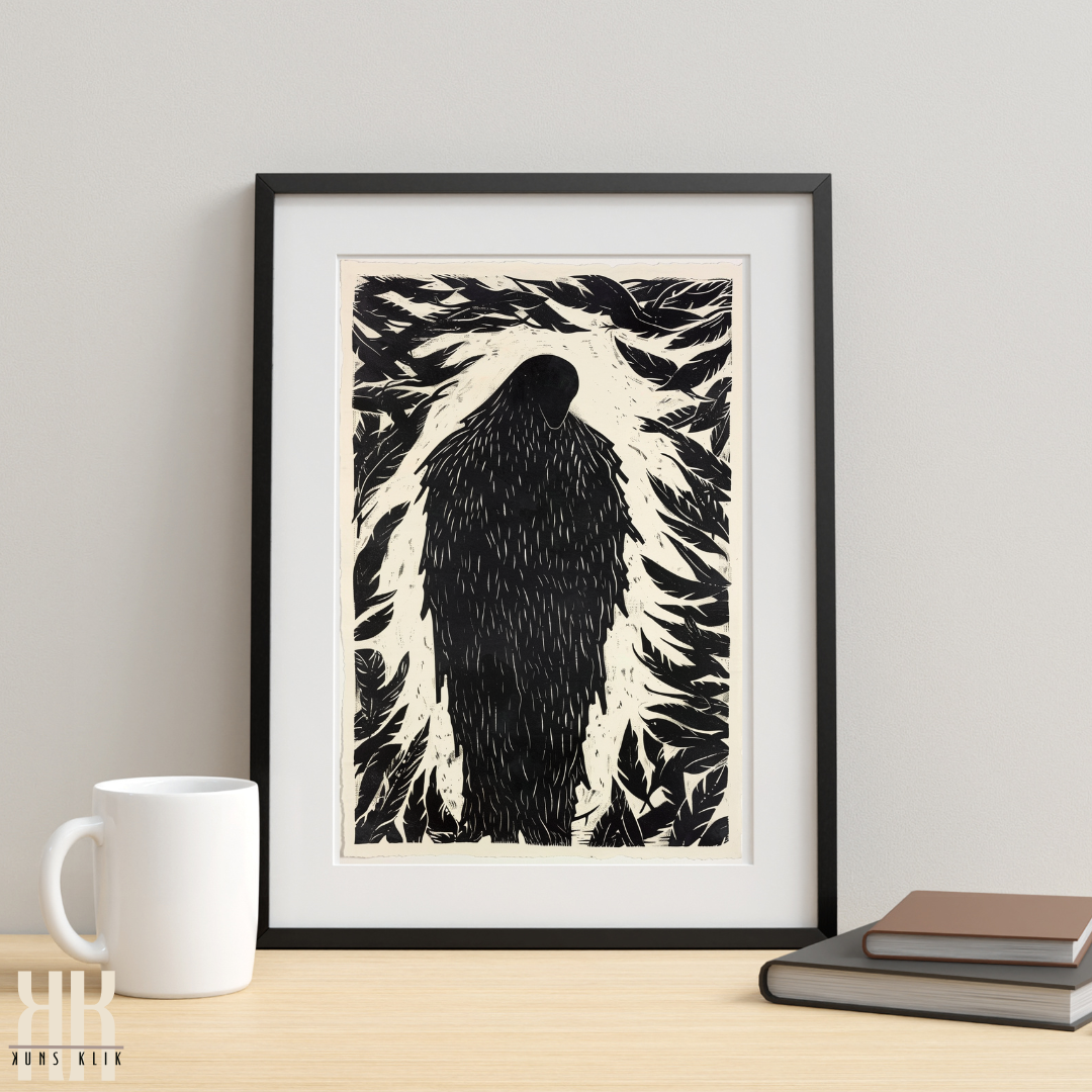 Silhouette of Crow with Feather Border Black Ink Etching