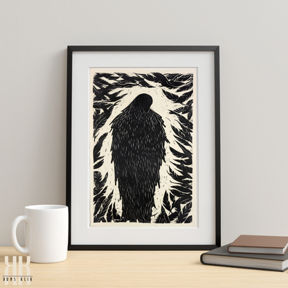 Silhouette of Crow with Feather Border Black Ink Etching