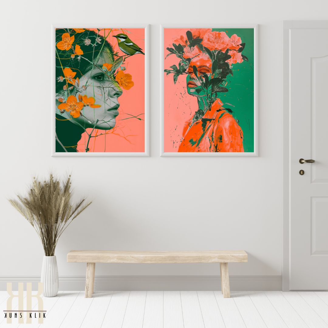 Modern Fashion and Floral Art in Vibrant Orange and Pink