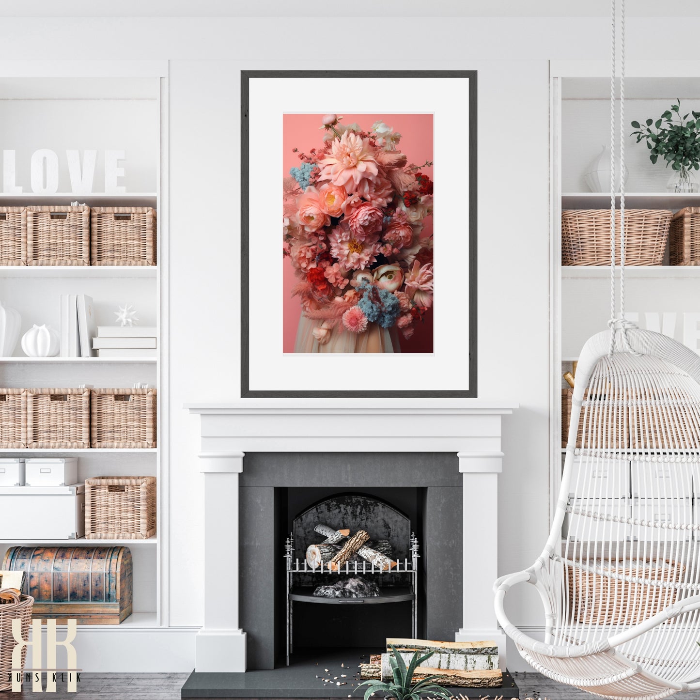 Woman Flower Bouquet Head Feminine Wall Art - Pink 7