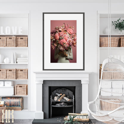 Woman Flower Bouquet Head Feminine Wall Art - Pink 5