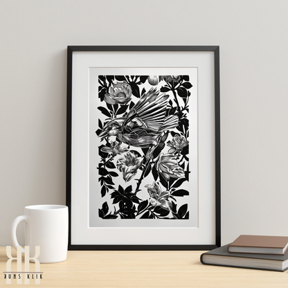 Black and White Hummingbird and Flowers Art