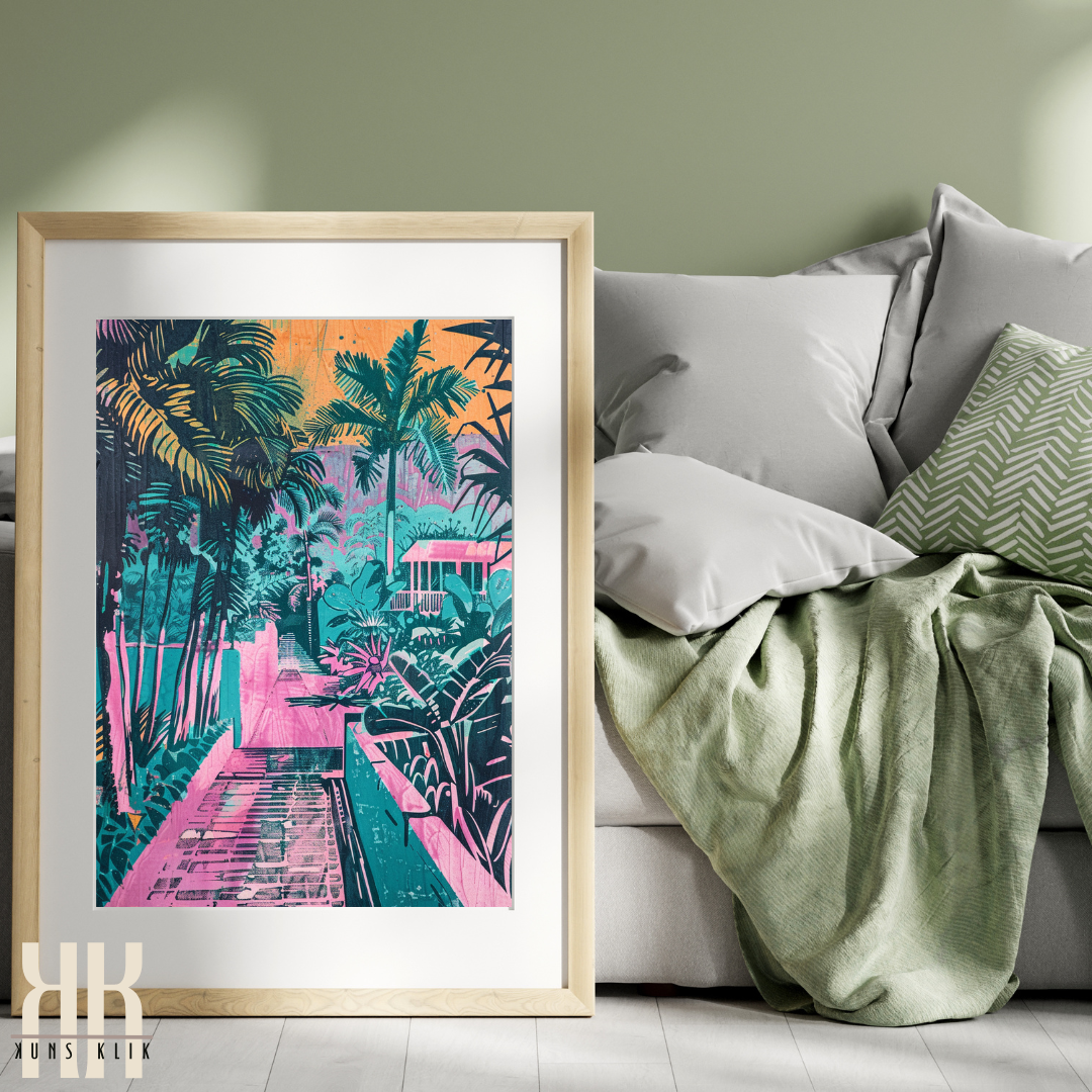 Tropical Getaway Art Print – Palm-Lined Streets & Sunset Colours