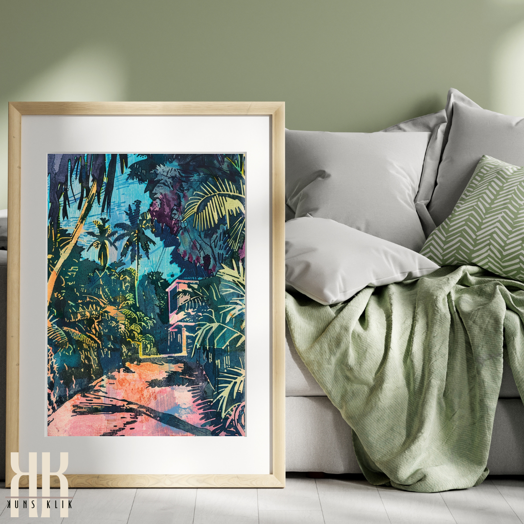 Tropical Jungle & Villa Art Print – Retro Linocut-Style Illustration