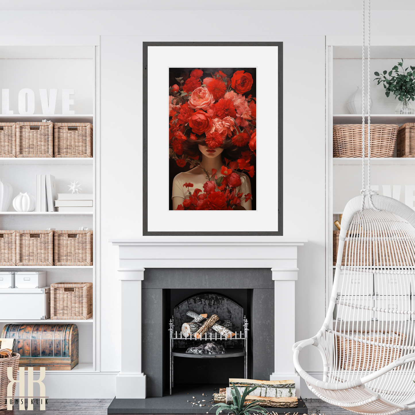 Woman Flower Bouquet Head Feminine Wall Art - Red 8