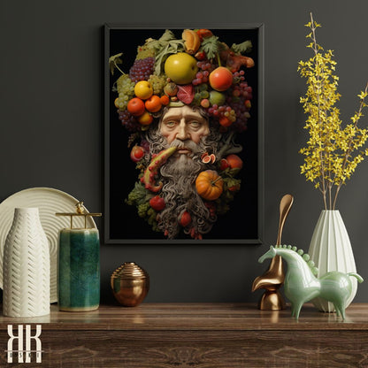 Autumn Harvest Man with Fruits and Leaves Art