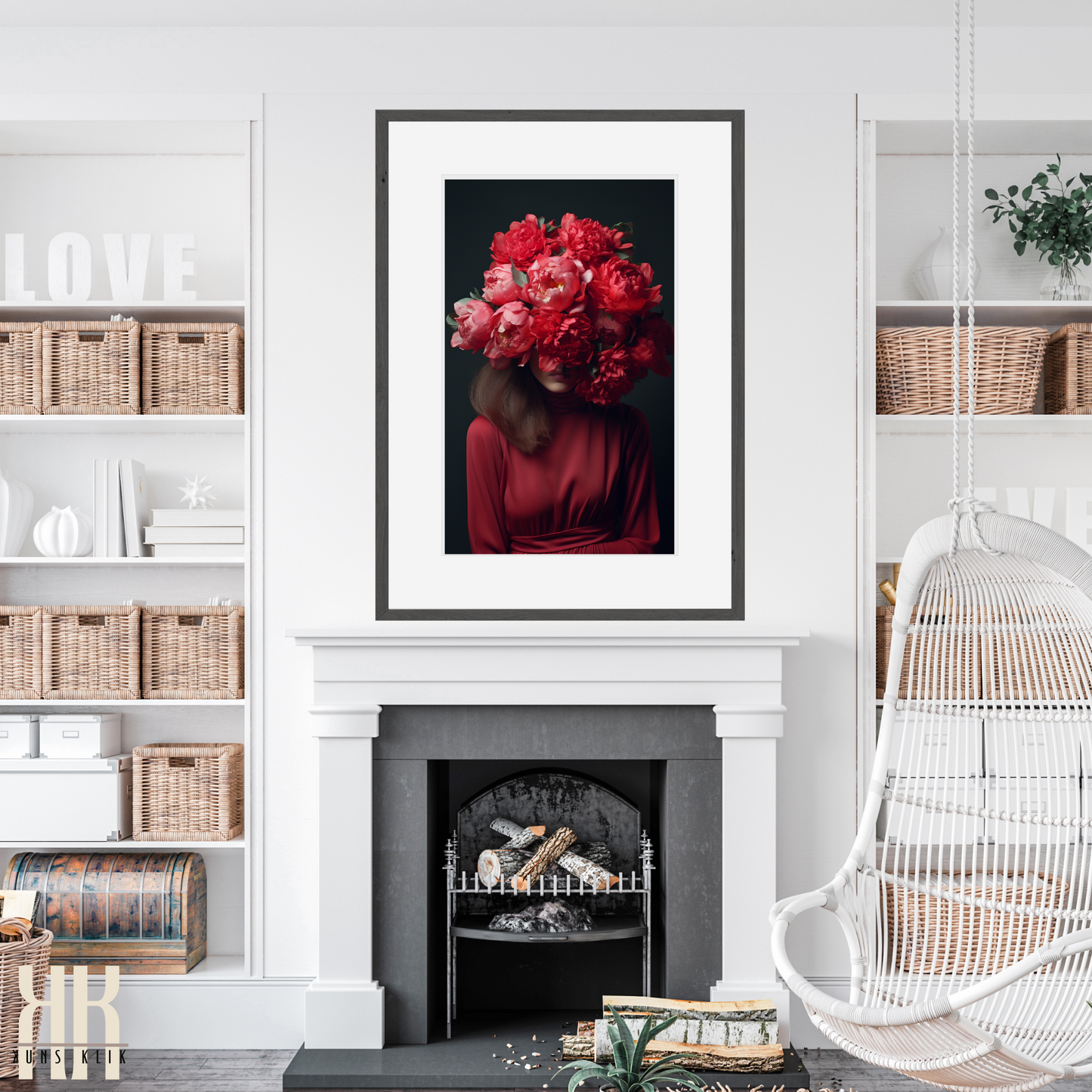 Woman Flower Bouquet Head Feminine Wall Art - Red 1