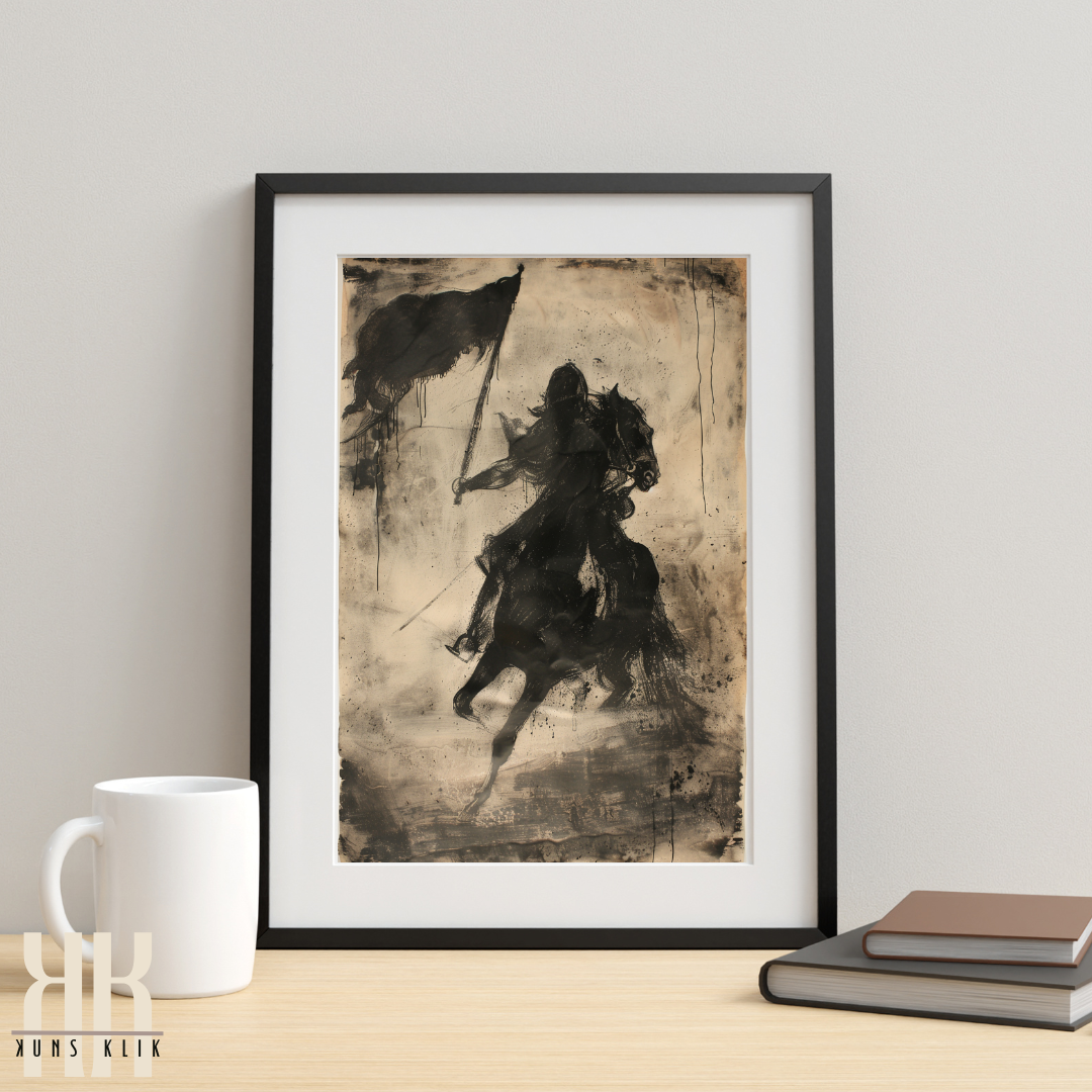 Man on Battle Horse in Black Ink Vintage Etching