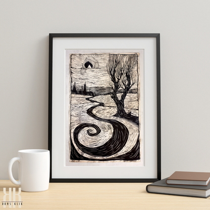 Black and White Art Etching Winding Road