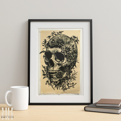 Detailed Floral Skull in Linocut Style