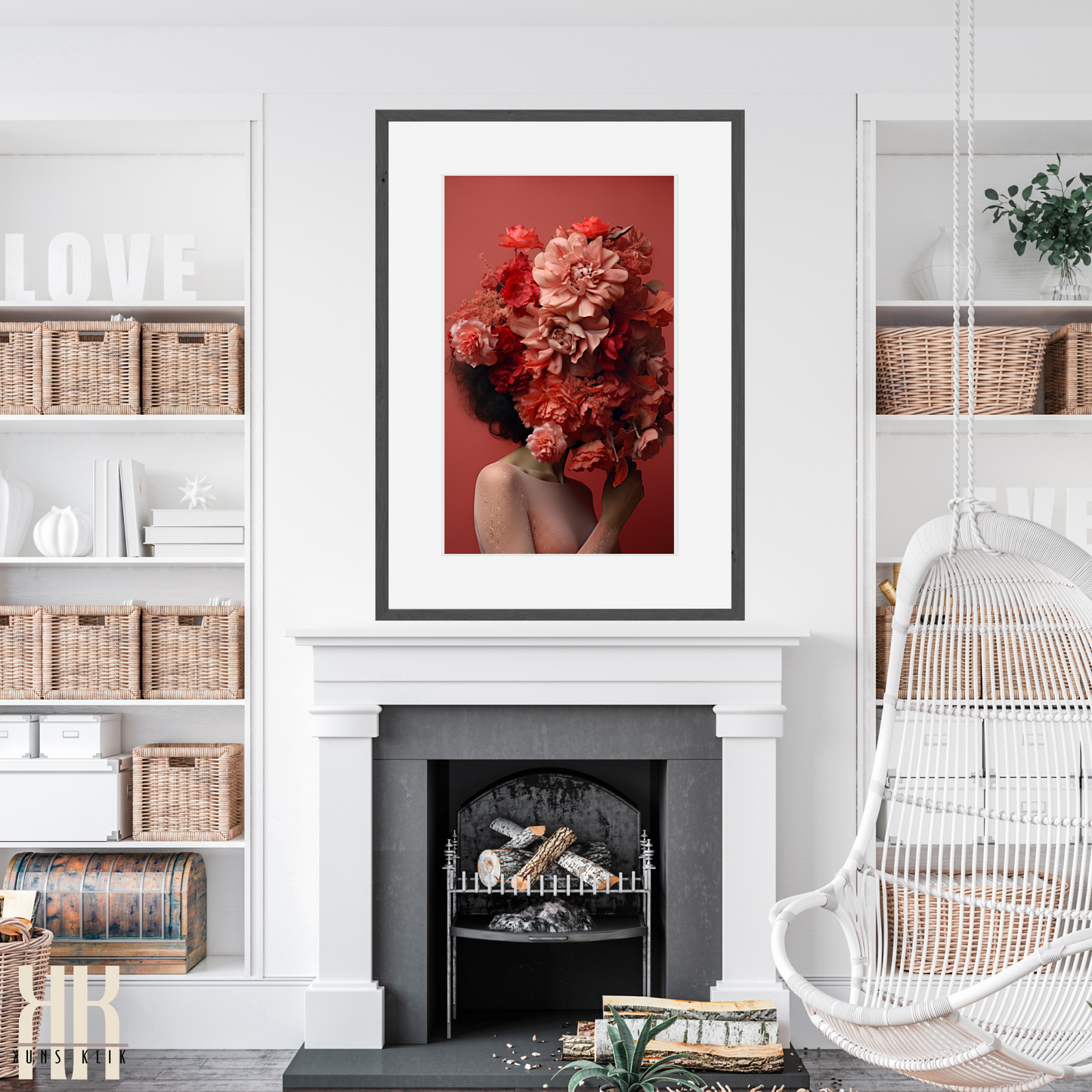 Woman Flower Bouquet Head Feminine Wall Art - Red 2