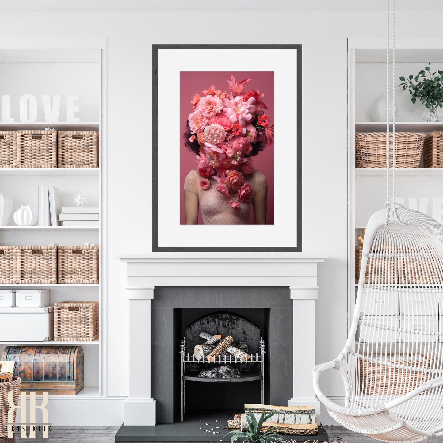 Woman Flower Bouquet Head Feminine Wall Art - Pink 11