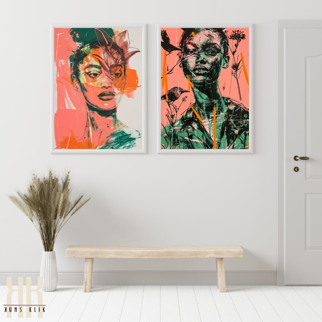 Abstract Fashion and Floral Art in Orange and Green Hues