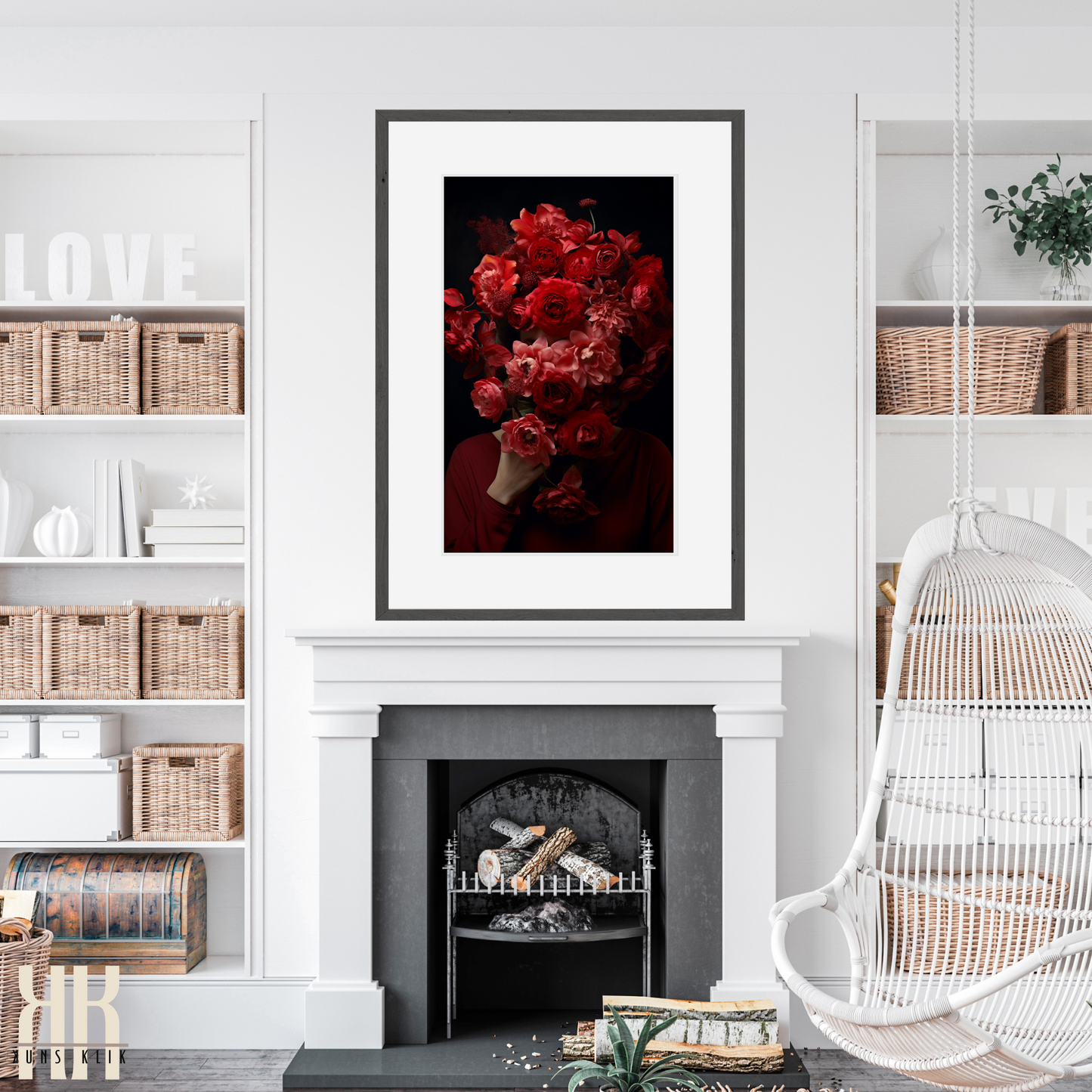 Woman Flower Bouquet Head Feminine Wall Art - Red 6