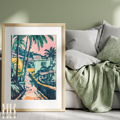 Sunset Glow Tropical Print – Retro Beachside Cottages & Bold Palms