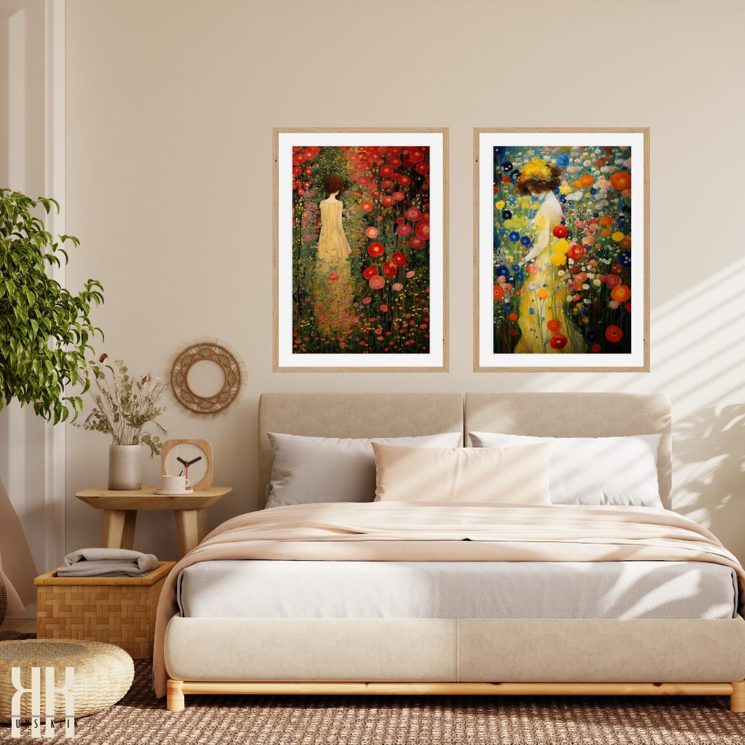 Gustav Klimt Inspired Woman in Vibrant Flower Landscape Print