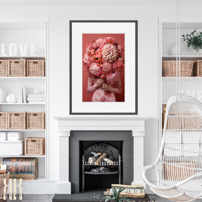 Woman Flower Bouquet Head Feminine Wall Art - Pink 3