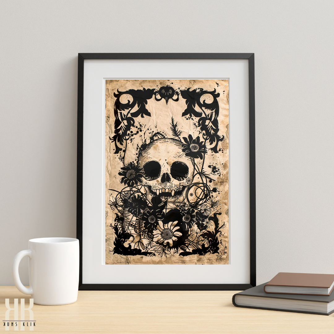 Floral Skull Linocut Print with Dark Garden Theme