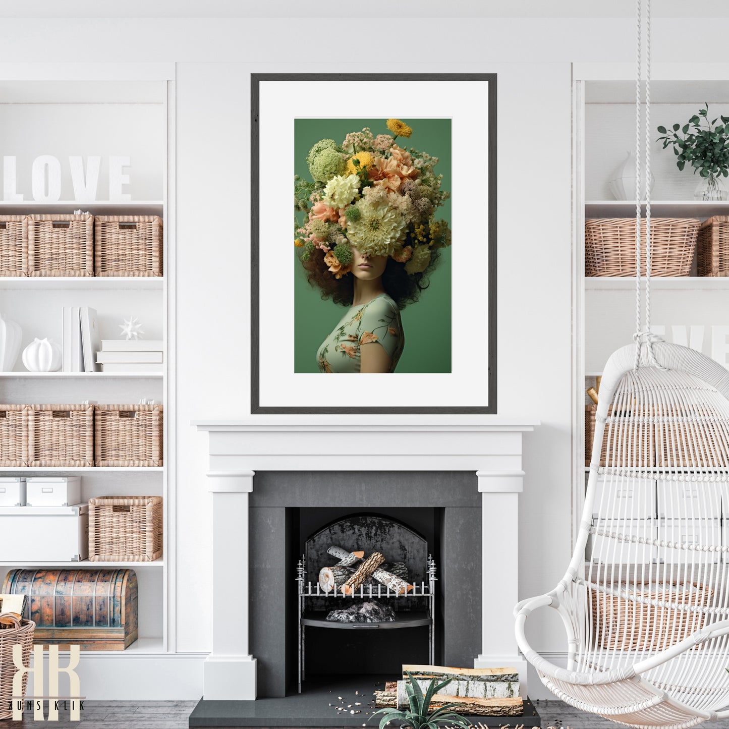 Woman Flower Bouquet Head Feminine Wall Art - Green 3