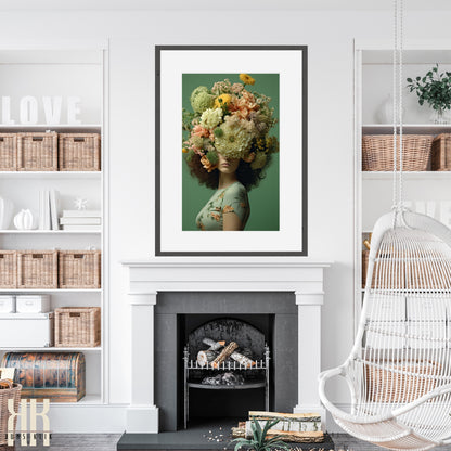 Woman Flower Bouquet Head Feminine Wall Art - Green 3