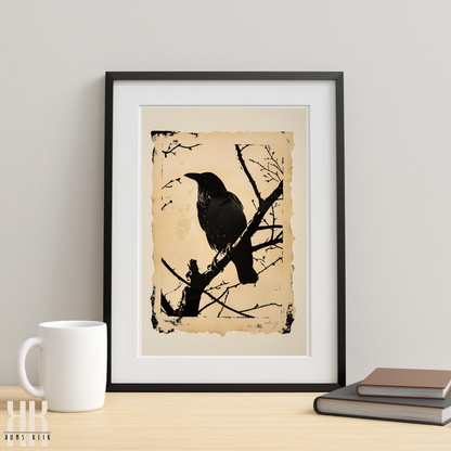 Majestic Crow Illustration in Classic Woodcut Style