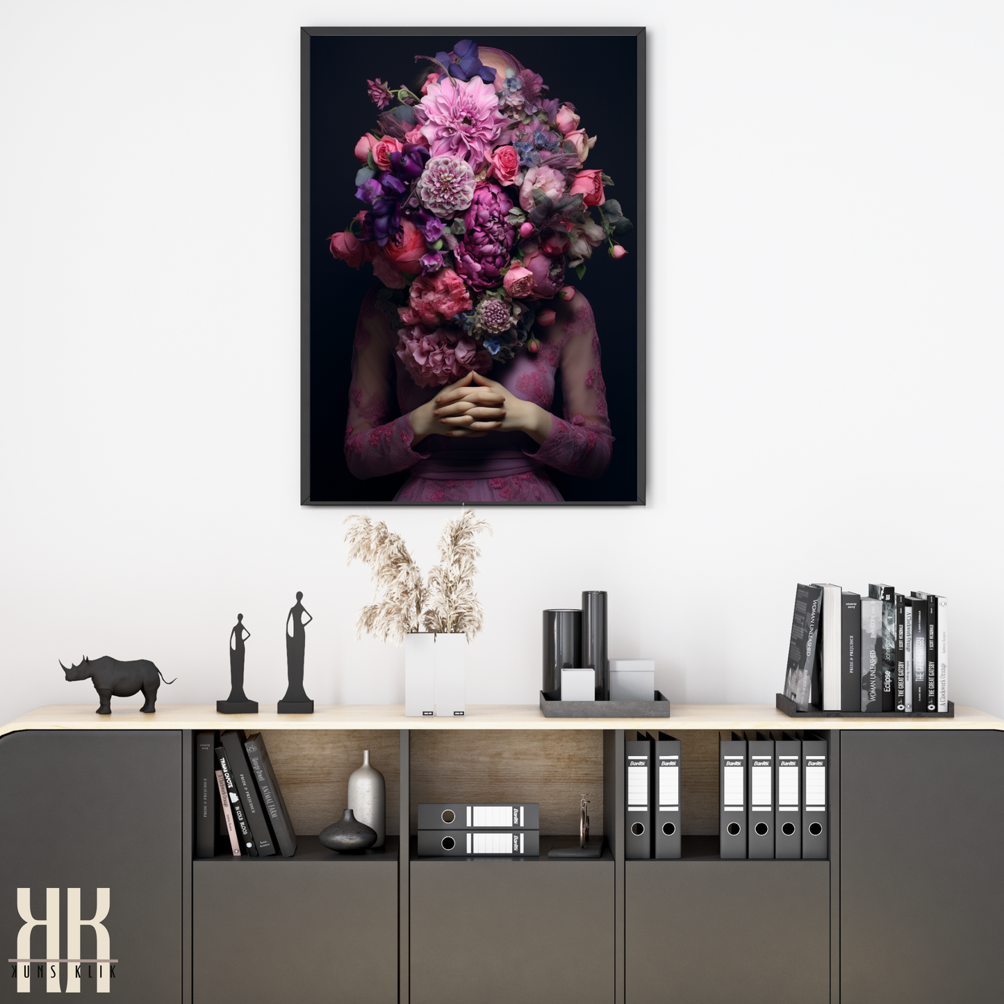 Woman Flower Bouquet Head Feminine Wall Art - Purple 12