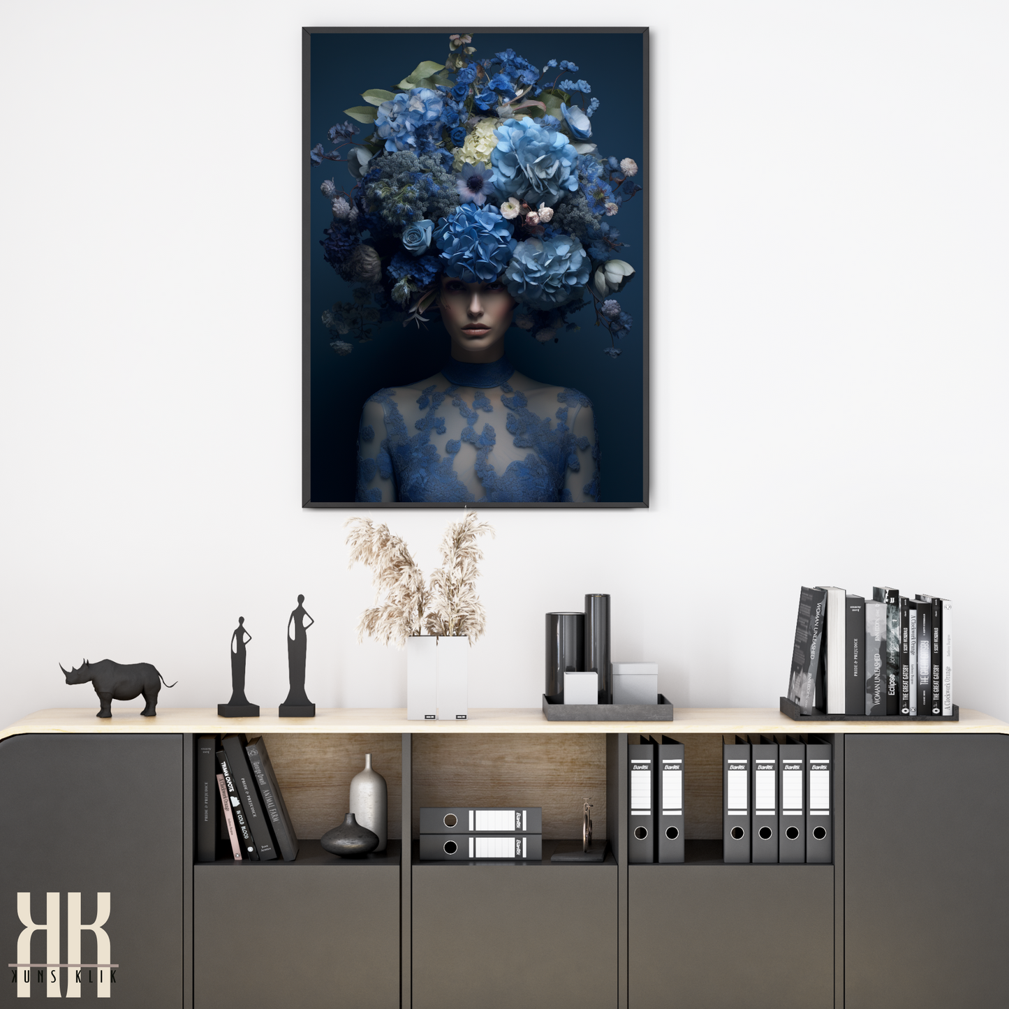 Woman Flower Bouquet Head Feminine Wall Art - Blue 5