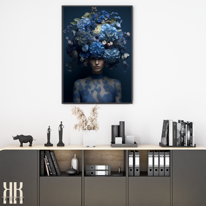 Woman Flower Bouquet Head Feminine Wall Art - Blue 5