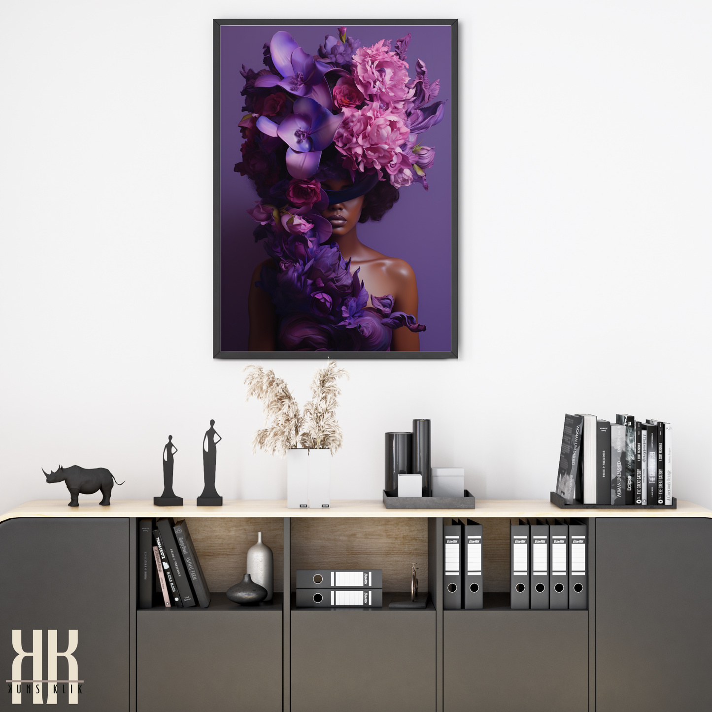 Woman Flower Bouquet Head Feminine Wall Art - Purple 4