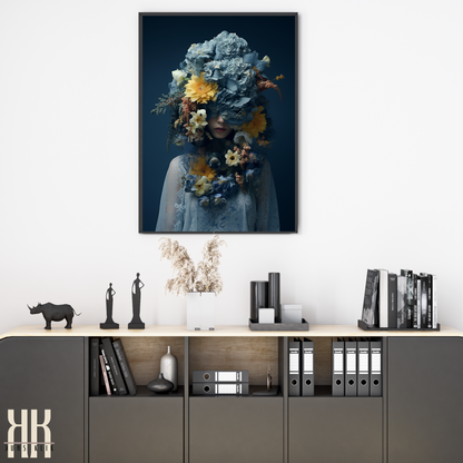 Woman Flower Bouquet Head Feminine Wall Art - Blue 8