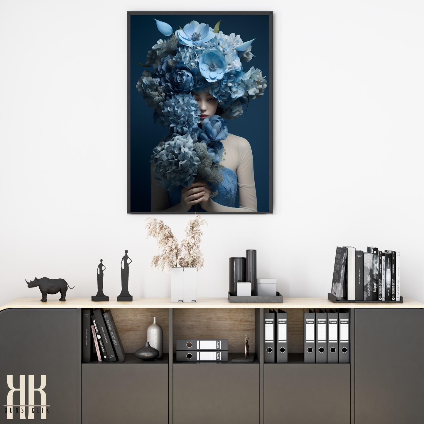 Woman Flower Bouquet Head Feminine Wall Art - Blue 9