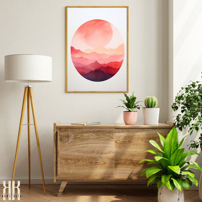 Minimalist Watercolour Sunset Mountain Art Print - 4