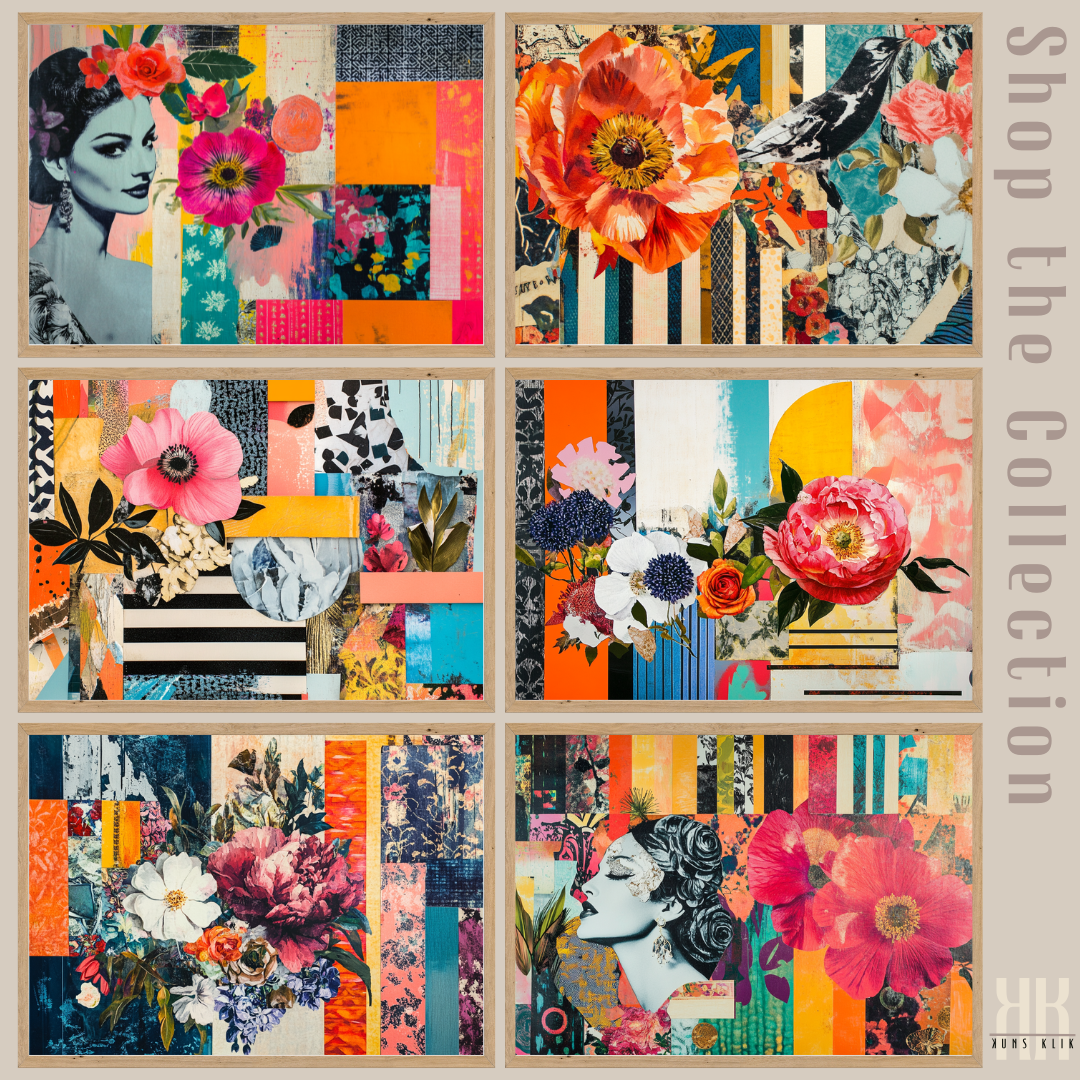 Vibrant Maximalist Collage Art Print – Bold Floral Mixed Media Wall Decor