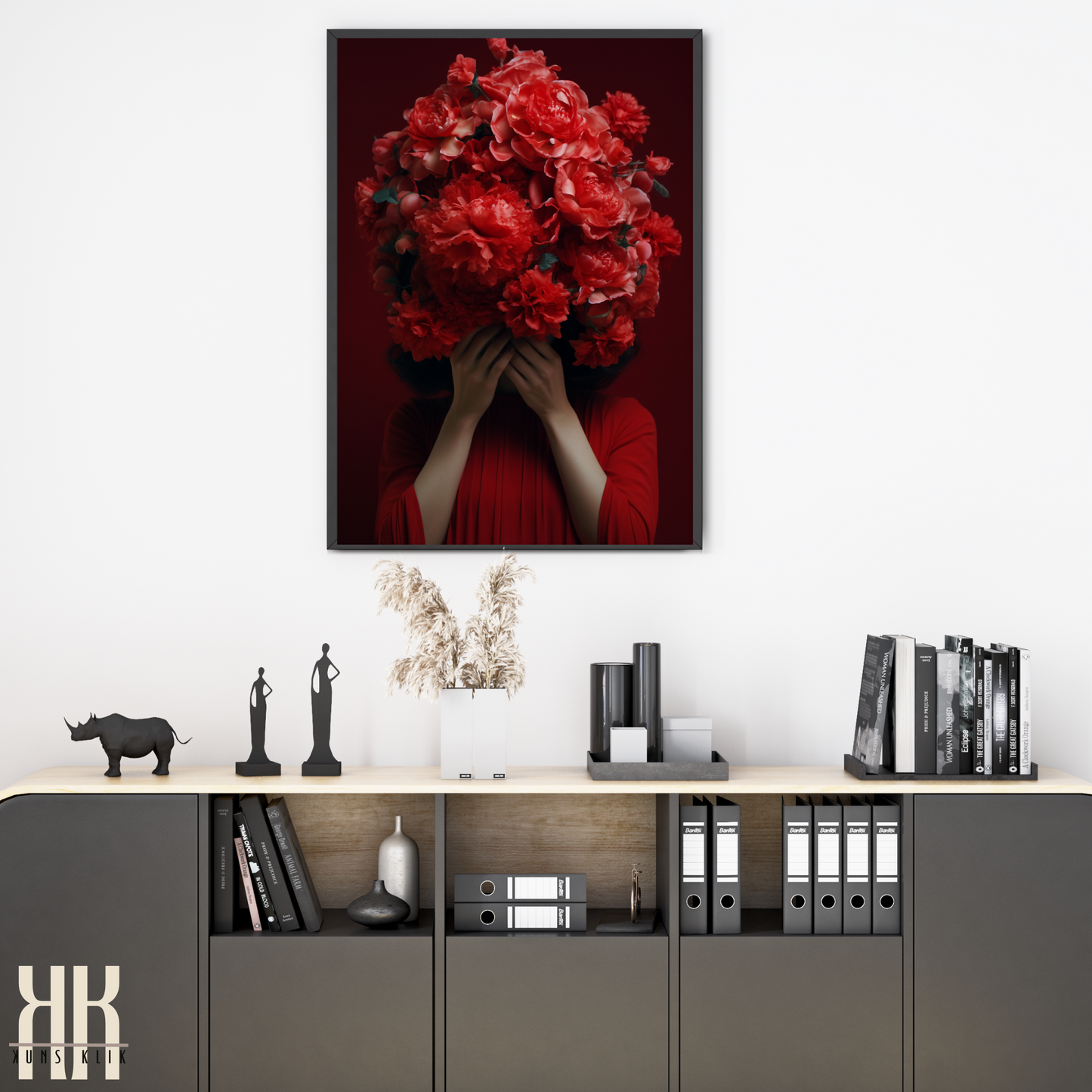 Woman Flower Bouquet Head Feminine Wall Art - Red 10