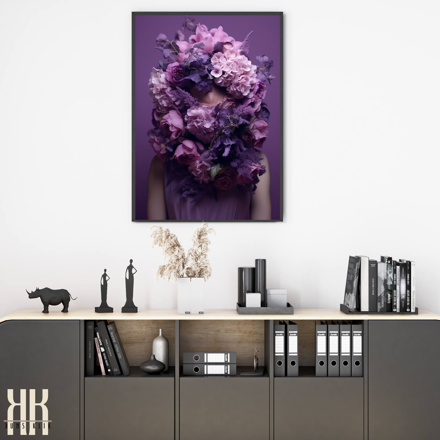 Woman Flower Bouquet Head Feminine Wall Art - Purple 1