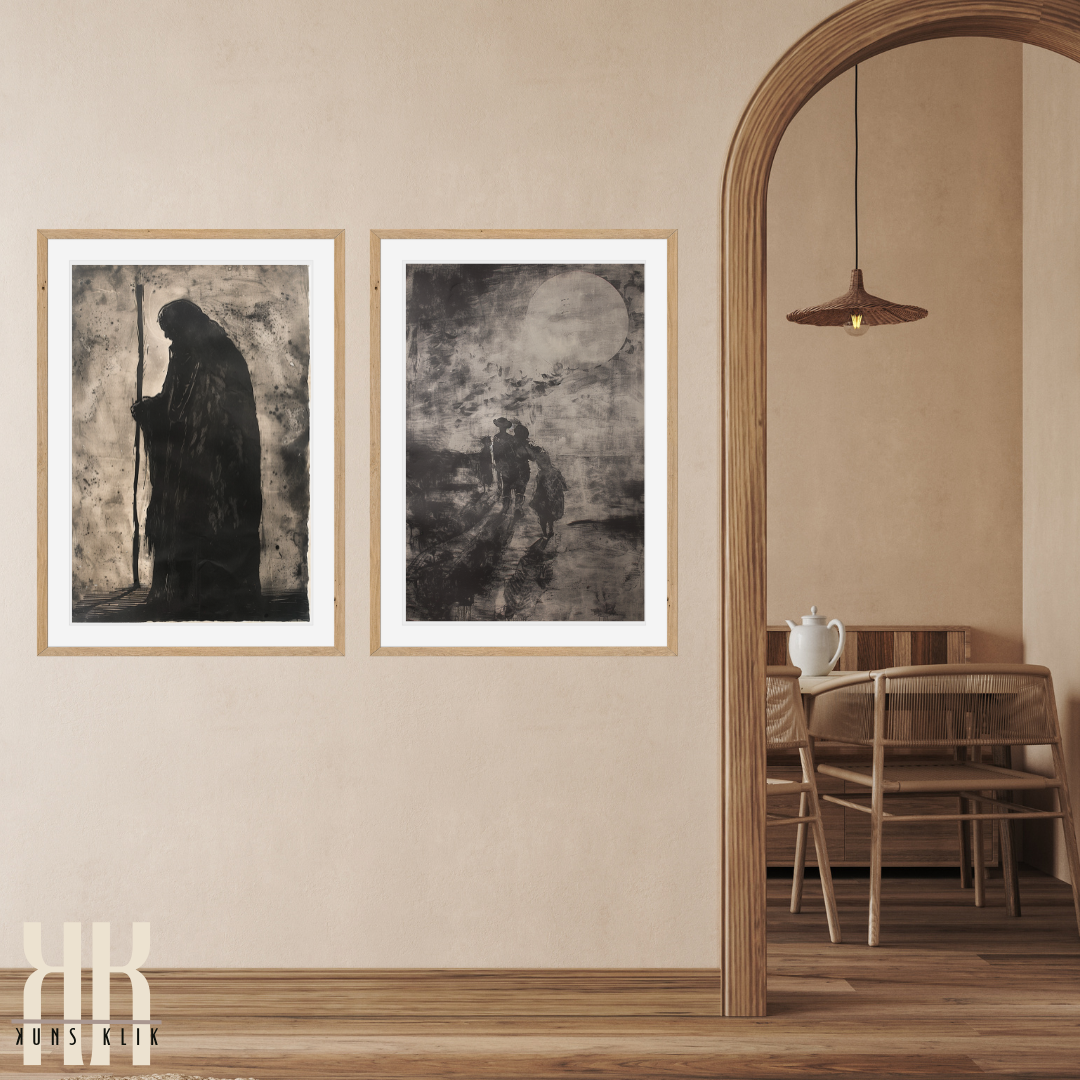 Lone Hooded Figure on a Journey Dark Charcoal Art