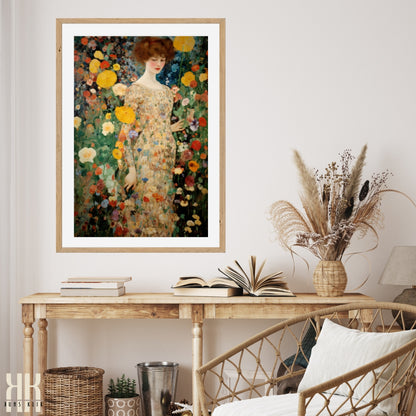 Large Art Print of Woman in Vibrant Flower Garden