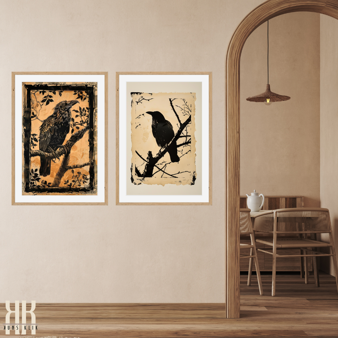 Bold Raven on Branch in Antique Woodcut Style