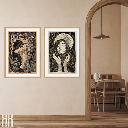 Woman in Vines and Flowers Vintage Black Ink Art