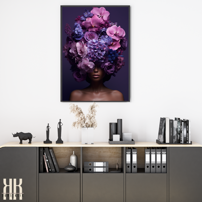 Woman Flower Bouquet Head Feminine Wall Art - Purple 2