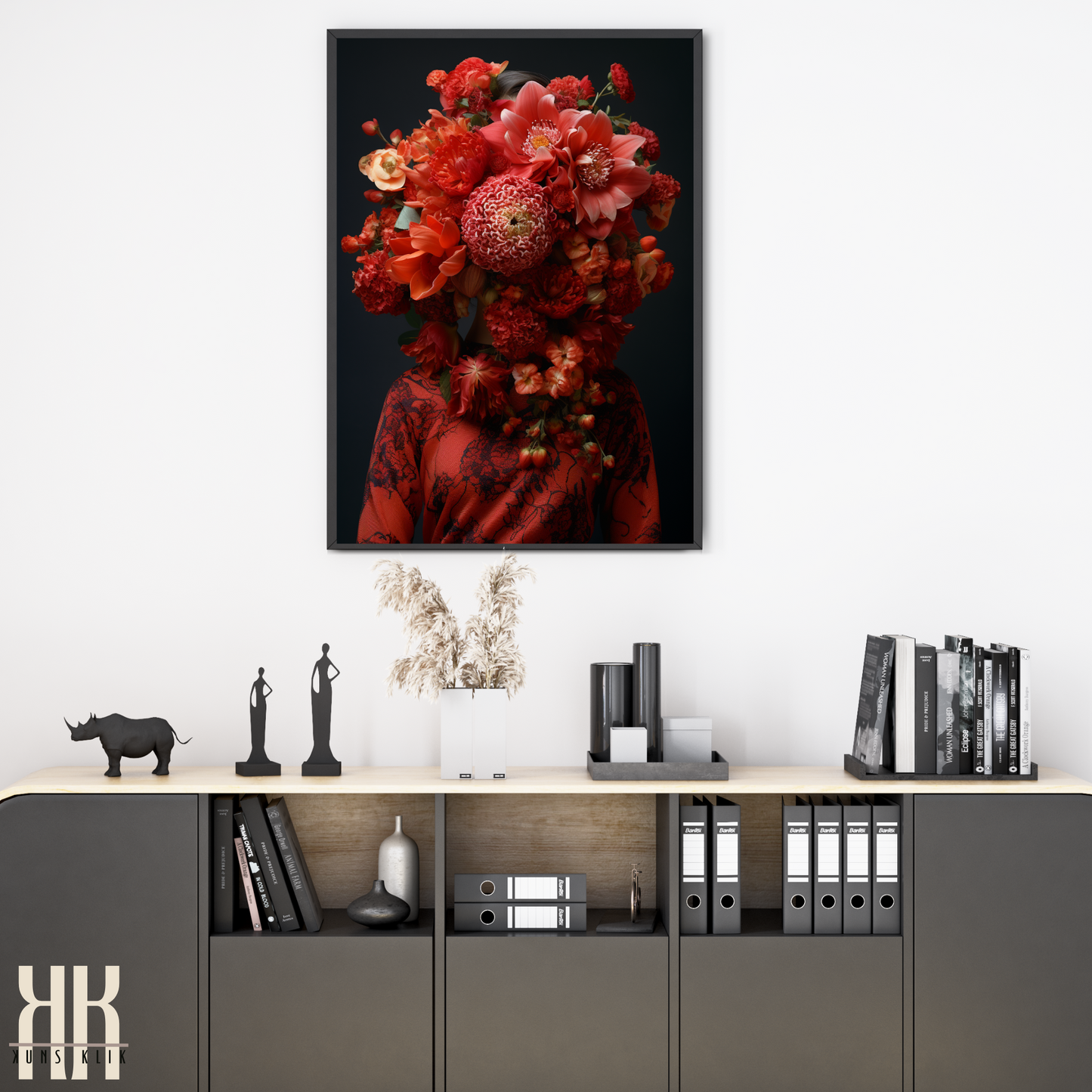 Woman Flower Bouquet Head Feminine Wall Art - Red 11