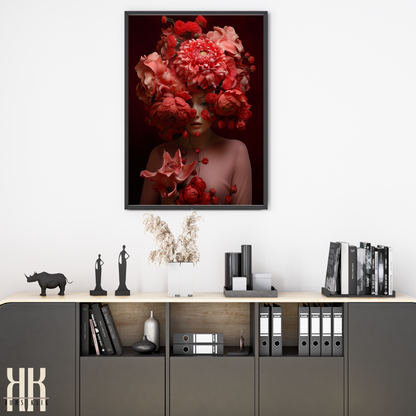 Woman Flower Bouquet Head Feminine Wall Art - Red 5