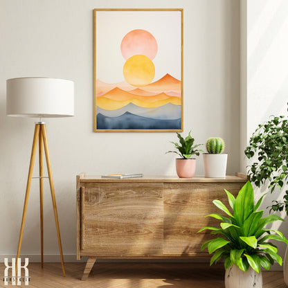 Minimalist Watercolour Sunset Mountain Art Print - 2