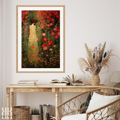 Gustav Klimt Inspired Woman in Vibrant Flower Landscape Print