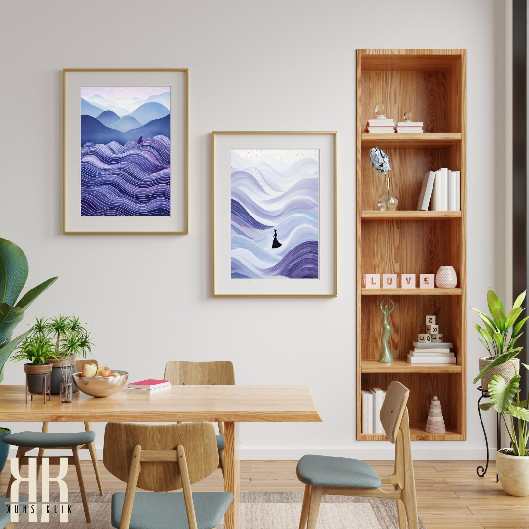 Mystical Minimalist Art Prints with Abstract Mountains and Waves