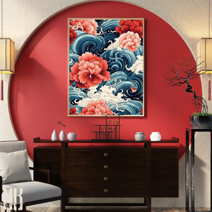 Japanese Blossoms and Waves Art Print