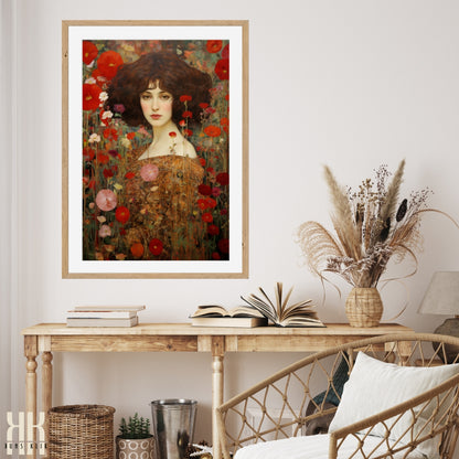 Botanical Art Print of Woman in Blooming Flower Garden